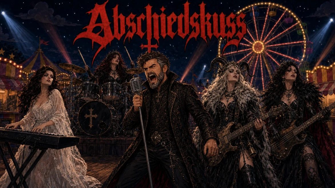 Abschiedskuss performing on the carnival stage, with their lead singer, keyboardist, drummer, bassist and guitarist