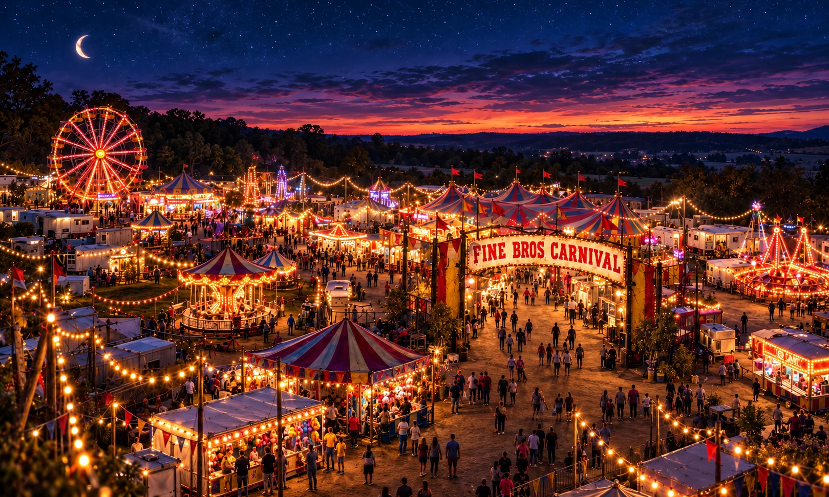 A drone’s view of Fine Bros Carnival at dusk, with glowing rides, striped tents, the entrance arch and families on the midway