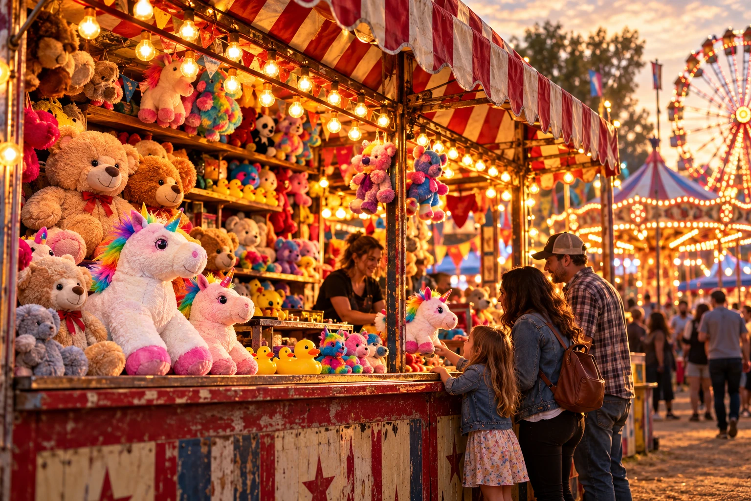 Bears and unicorns on the carnival prize wall